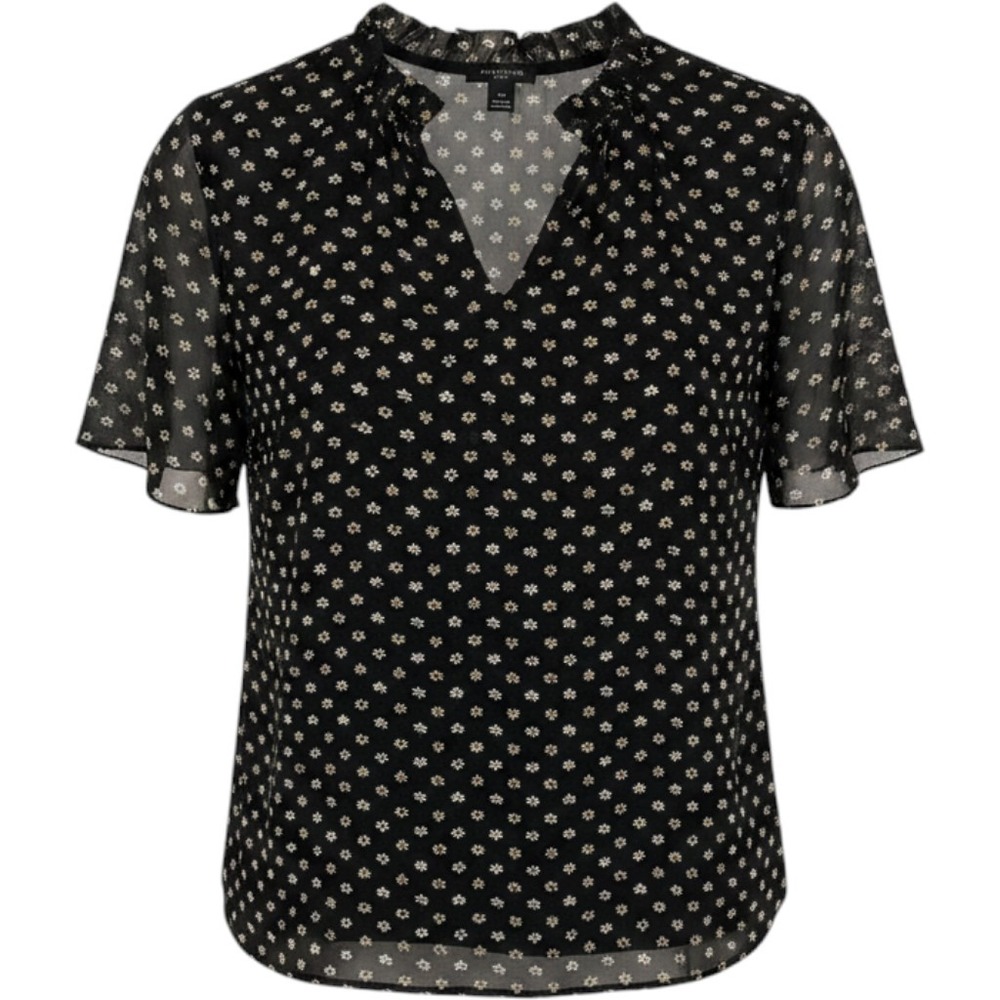Ann Taylor Floral Print Top Womens XSP Black Tan White Capped Sleeves Lined